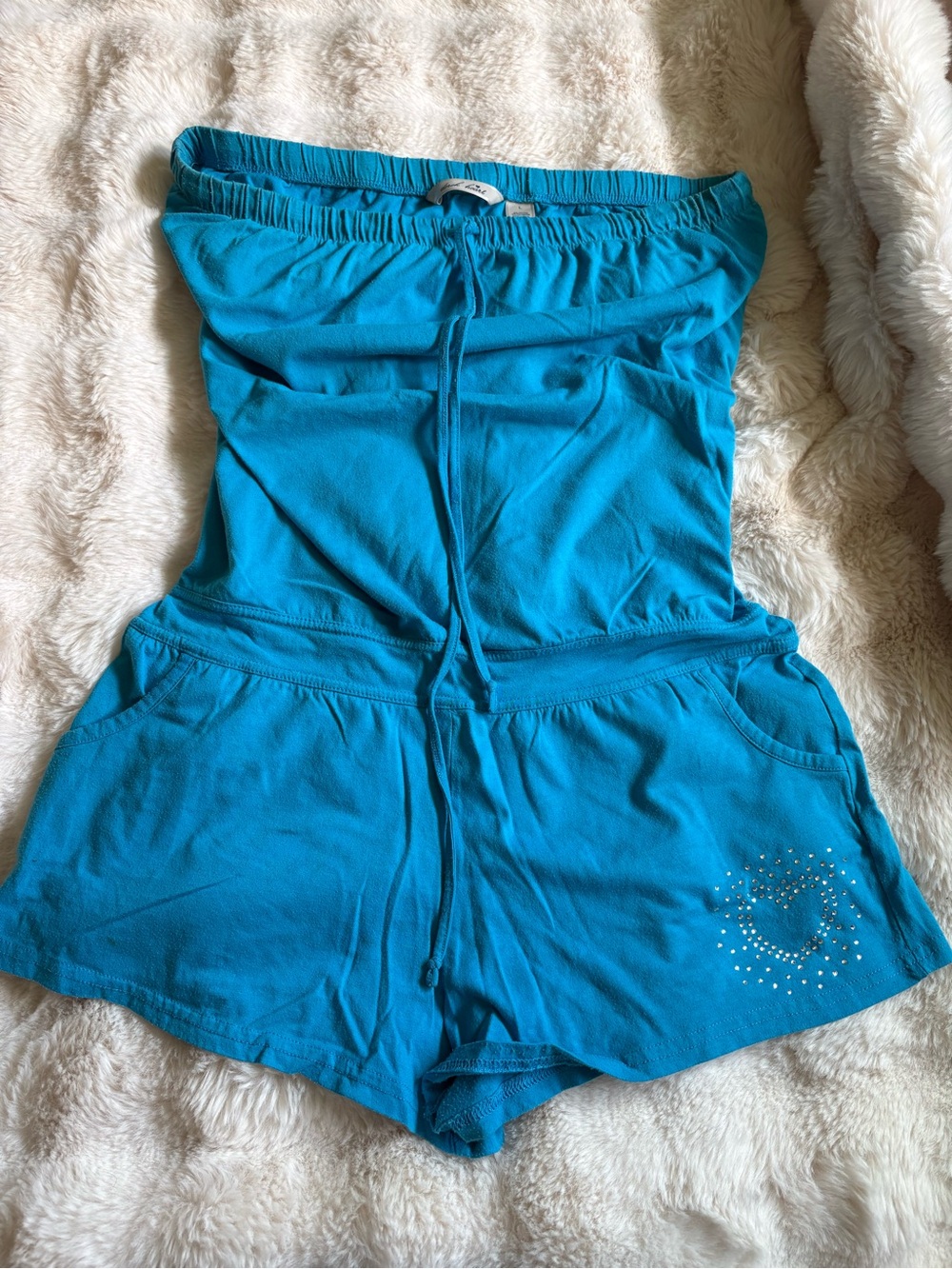 Derek Heart Teal Strapless Drawstring Romper Shorts with Stud Detail